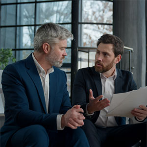 Two men in suits discuss documents, possibly a business dispute.